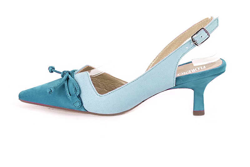 Peacock blue women's open back shoes, with a knot. Tapered toe. Medium spool heels. Profile view - Florence KOOIJMAN